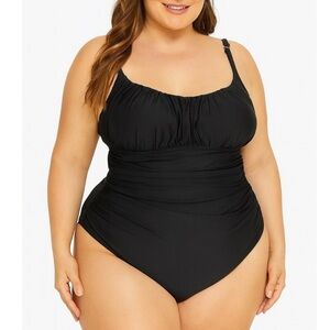 Carribean Sand swim suit one piece black ruched mid section figure flattering